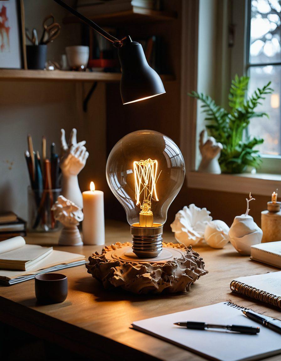 A montage illustrating the journey from abstract concepts to tangible creations: a lightbulb representing ideas, hands shaping clay, and a beautifully finished sculpture bathed in warm light. Include various innovative tools like 3D printers and sketchbooks scattered around. The background should blend seamlessly into a creative workspace filled with vibrant colors. hyper-realistic. vibrant colors. artistic style.