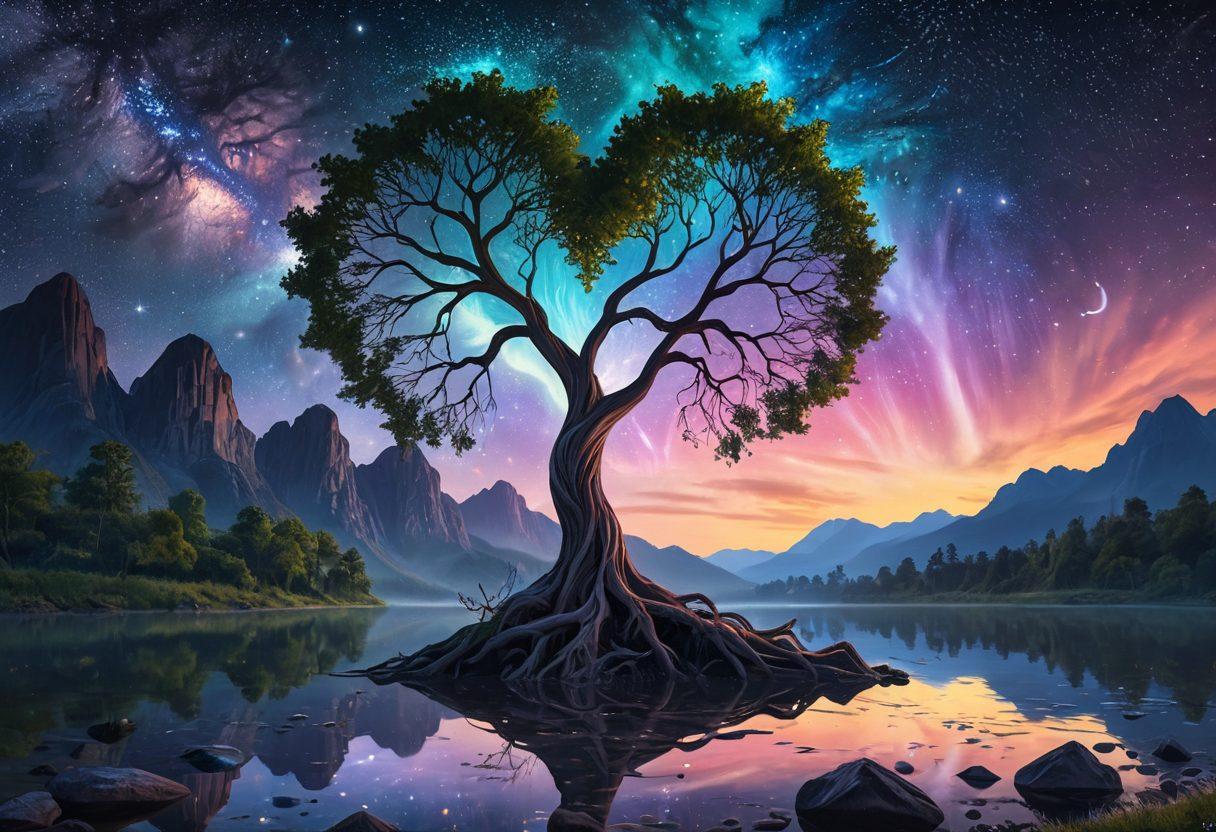A surreal landscape featuring a heart-shaped tree under a starry sky, with vibrant colors blending seamlessly into each other. Surrounding the tree, ethereal figures symbolize devotion and love, interacting joyfully. In the foreground, a cascading river of luminescent light reflects their emotions. The scene captures a sense of wonder and creativity, inviting the viewer to explore their own imagination. digital painting. vibrant colors. enchanting atmosphere.