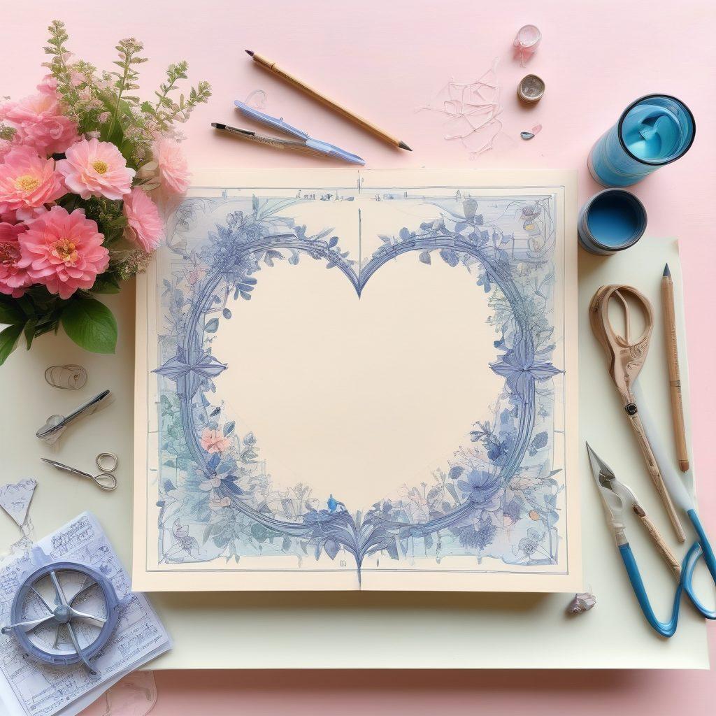 A whimsical illustration of an architect's table filled with intricate blueprints and sketches of hearts, intertwined with vines and flowers symbolizing growth and romance. The background features soft pastel colors blending into a dreamy landscape, with floating hearts and tools of creativity like a compass and ruler. The overall feel should evoke warmth and innovation, inviting readers into a world of romantic possibilities. vibrant colors. soft focus. dreamlike atmosphere.